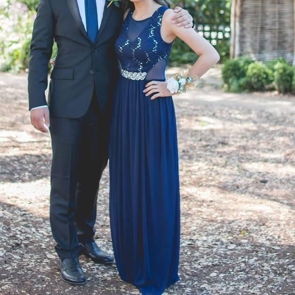 Navy Blue Prom Dress with Sequin Detailing - Picture 2 of 5
